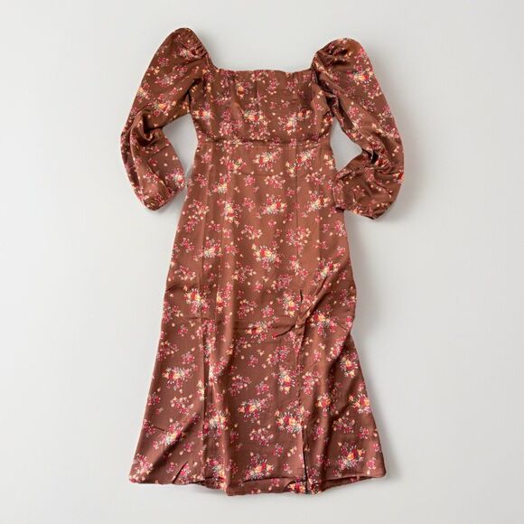 Vici Brown Floral Satin Dress Size M Balloon Sleeve Hippie Boho Glam - Picture 1 of 7